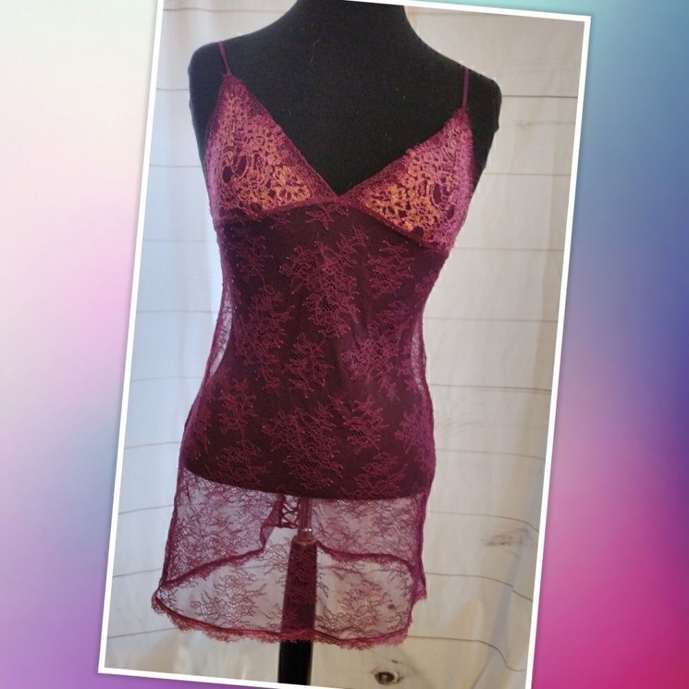 Victoria Secret Xs Maroon Lace Top. Features Lace Tie On The Back, Gold Accent